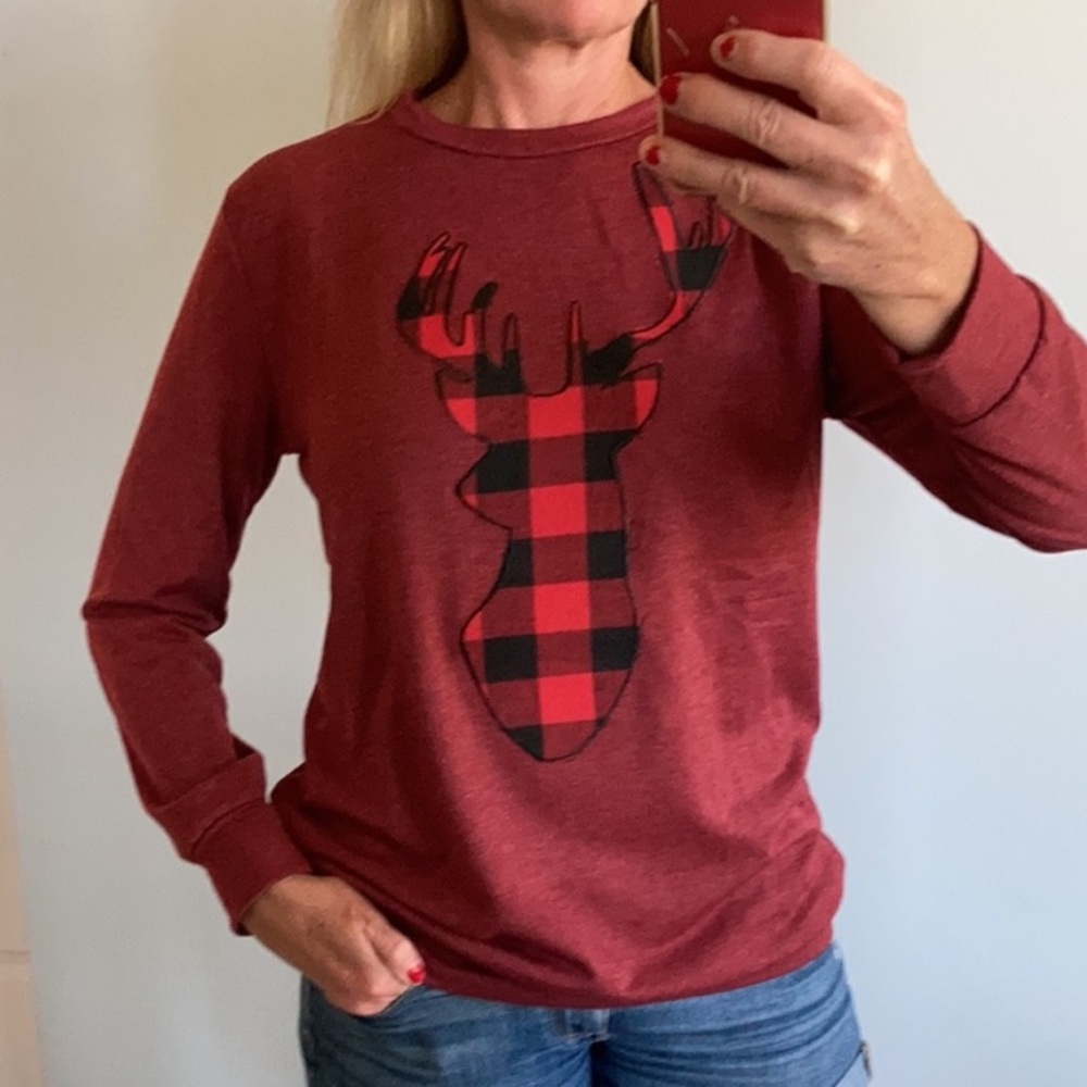 French Terry Long Sleeve Plaid Reindeer Top - Picture 6 of 6